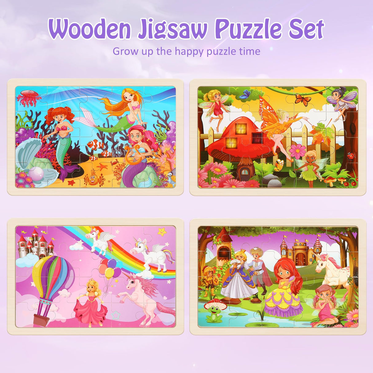 Wooden Puzzles Toys for Kids Ages 3-5, Set of 4 Packs with 20-Piece Unicorn Mermaid Princess Wood Jigsaw Puzzles, Preschool Educational Brain Teaser Toys for Girls 3 4 5 6 Years Old. NASHRIO