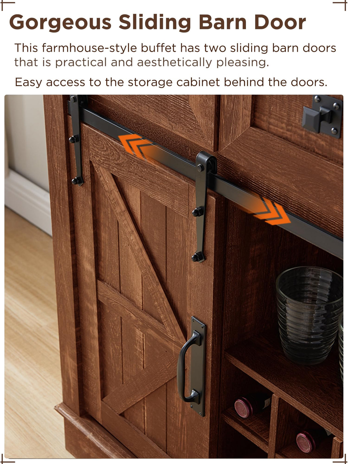 OKD 72" Farmhosue Bar Cabinet with Sliding Barn Door, Large Kitchen Buffet with Hutch w/Wine & Glasses Rack, 3 Drawers, 12 Storage Shelves, Rustic Coffee Bar Sideboard Table, Reclaimed Barnwood OKD