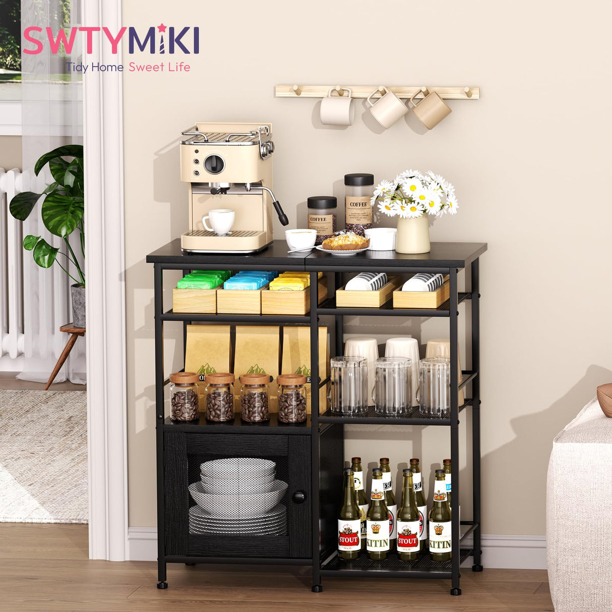 SWTYMIKI Coffee Bar Cabinet Station - Farmhouse Small Coffee Stand Station with Doors, Rustic Storage Organizer for Kitchen, Buffet Sideboard Cabinet Table for Home, Office, Corner, Bar, Black SWTYMIKI