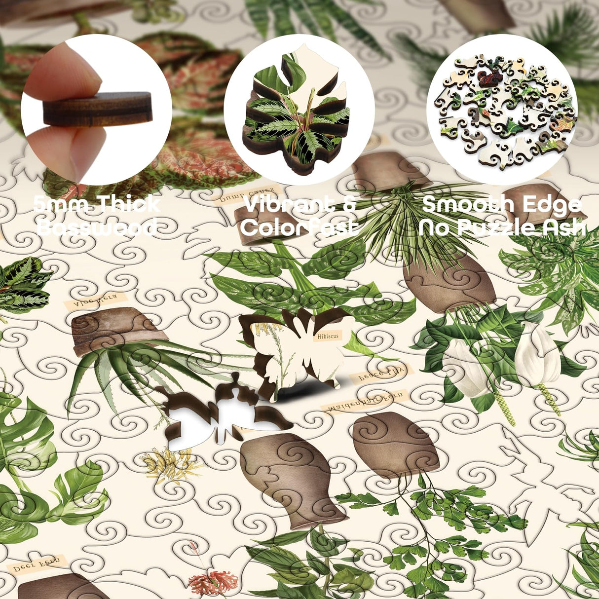 Vintage Houseplant Wooden Puzzle 340 Pieces for Adult, Botany Succulent House Plant Wood Puzzle, 39 Common Indoor Plants Jigsaw Puzzles, 15.7 * 11.2 in BBOLDIN