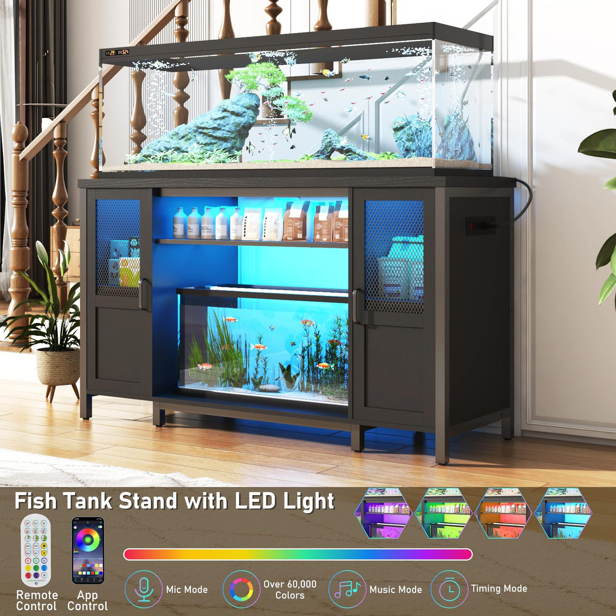 Hlivelood 55-75 Gallon Fish Tank Stand with Power Outlet&LED Light, Heavy Duty Metal Aquarium Stand for 2 Fish Tank Accessories Storage, Suit for Turtle Tank, Reptile Terrarium, 880lbs Capacity, Black Hlivelood