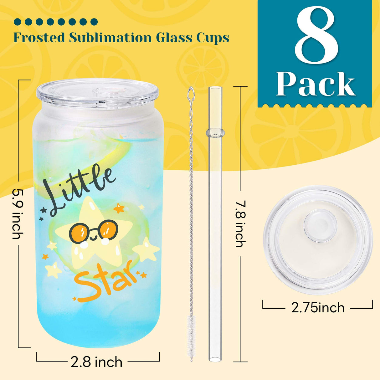 Joyclub 8 Pack Sublimation Cups 16 OZ Frosted Glass Cans Blanks with Clear Lids Mason Jars for Iced Coffee Beer Juice and Soda Drinks Joyclub