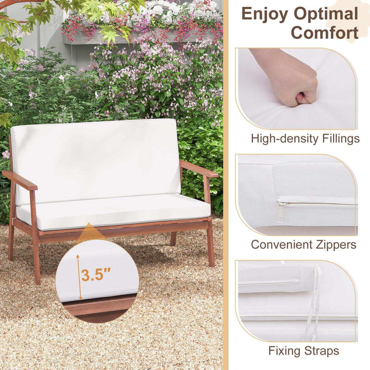 Tangkula 4 Piece Outdoor Conversation Set, Acacia Wood Sofa Set with Soft Seat & Back Cushions, Rectangle Coffee Table Patio Wood Furniture Set for Backyard, Poolside, Garden (1, Off White) Tangkula