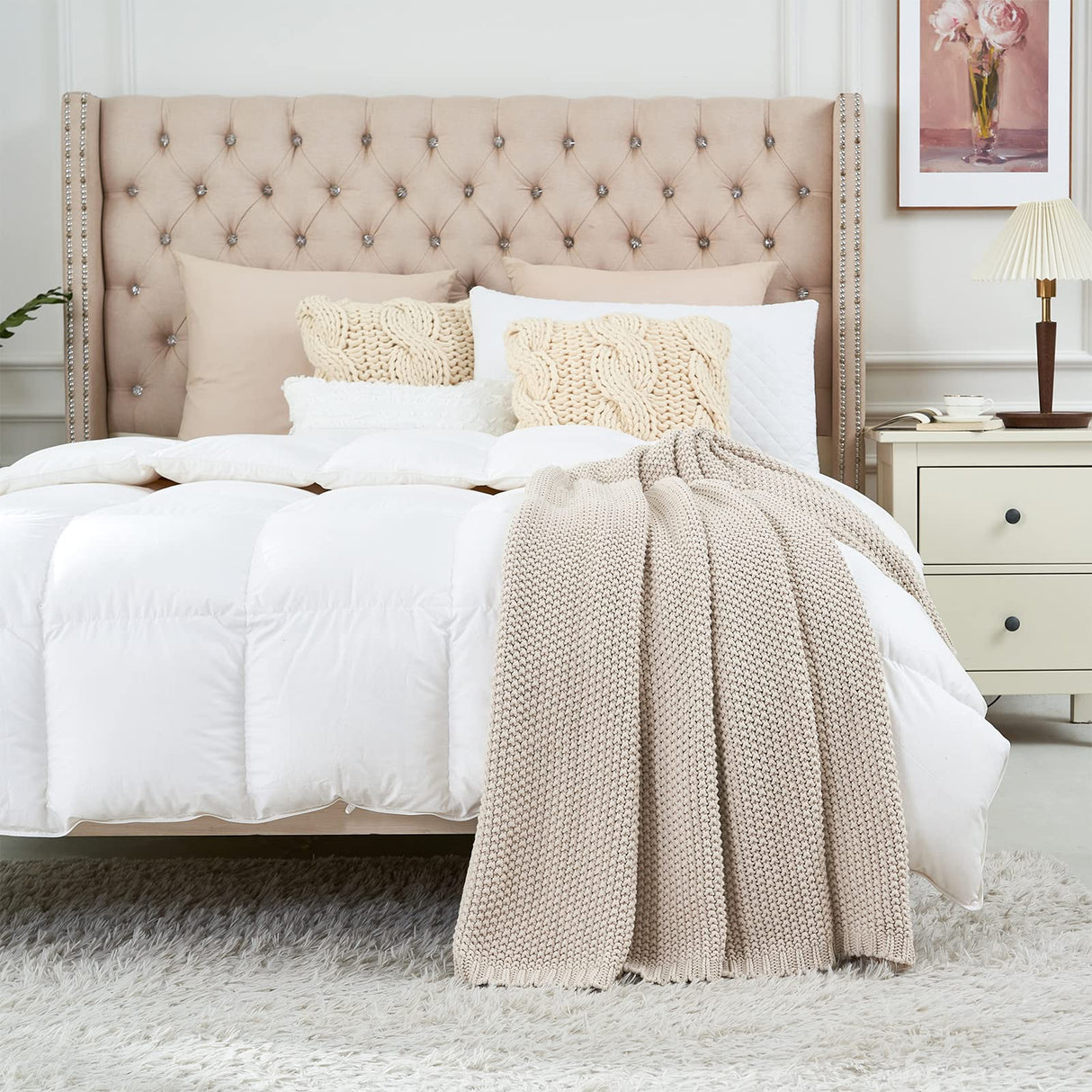 Chunky Cable Knit Throw Blanket Lightweight Beige 100% Organic Cotton Blanket for Sofa Couch Bed Baby Nursery, Rustic Shabby Chic Modern Farmhouse, 51” x 63” Give Laundering Bag Longhui bedding