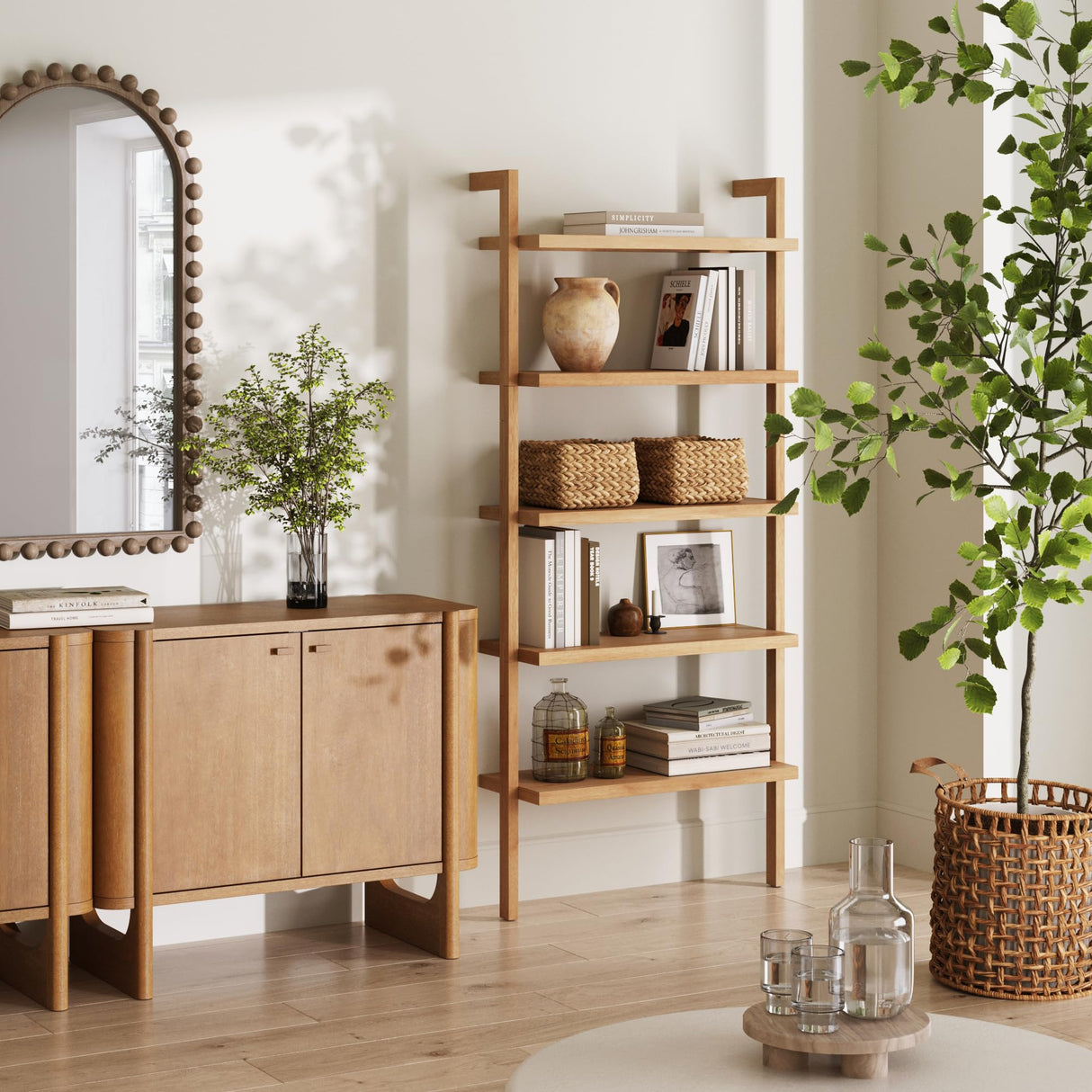 Nathan James Beacon Bohemian 5 Tier Bookshelf, Wall Mounted Bookcase, Solid Wood Bookshelf in Warm Pine Nathan James