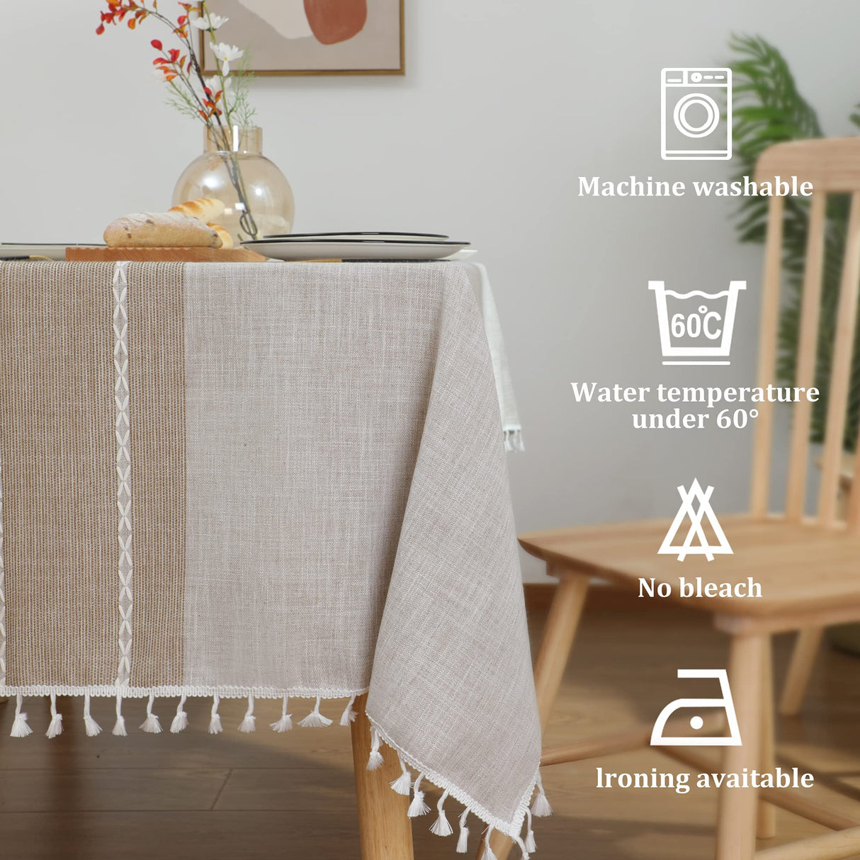 JIALE Tablecloths for Rectangle Tables, Cotton Linen Table Cloth Waterproof Tablecloth Wrinkle Free Farmhouse Dining Table Cover, Soft Fabric Table Cloths with Tassels, Brown, 55" X 70", 4-6 Seats JIALE