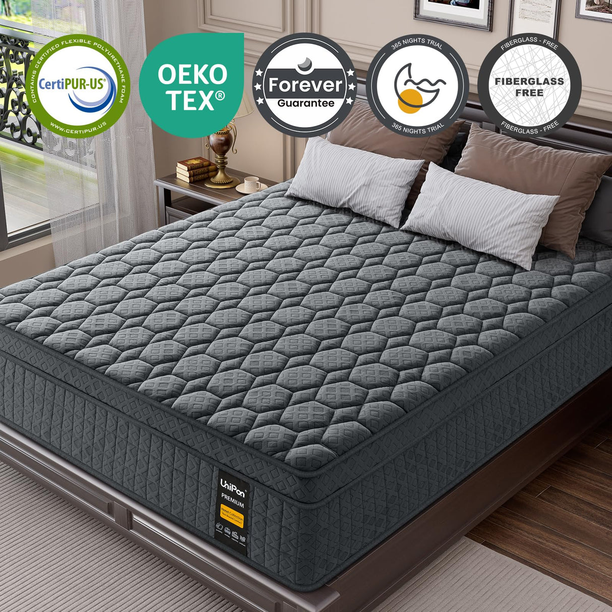 UniPon King Size Mattress, 14 inch Hybrid Mattress with Extra Back and Lumbar Hip Support, Fiberglass Free, 365 Nights Trial & Forever Warranty, Motion Isolation, Enhenced Edge Support, Extra Firm UniPon