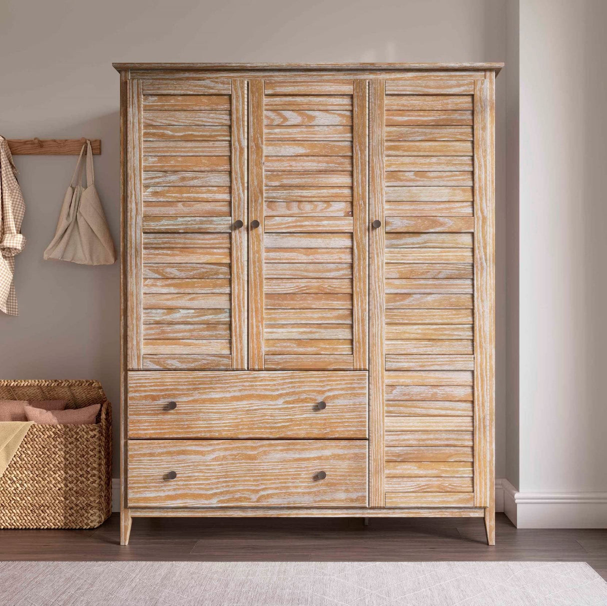Grain Wood Furniture Greenport 3-Door Wardrobe, Solid Wood with Brushed Driftwood Finish Grain Wood Furniture