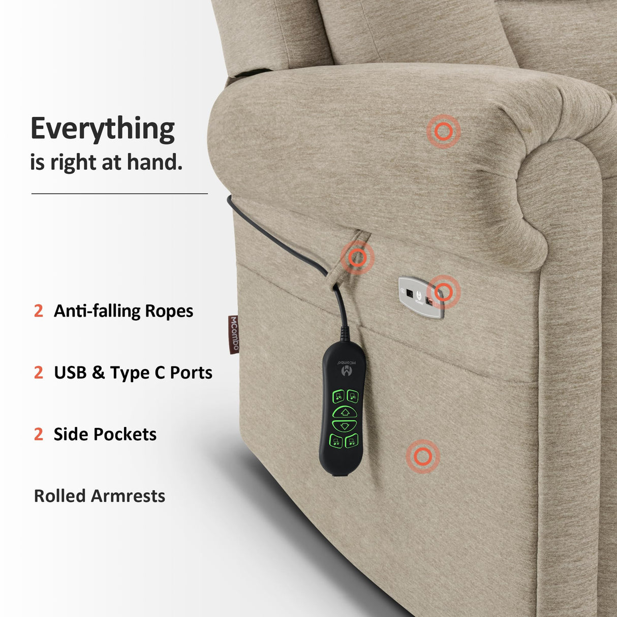 MCombo Triple Motor Power Lift Recliner Chair with Massage and Lumbar&seat Heating, Rolled Arms, Adjustable Headrest for Elderly People, Fabric 7888 (Beige, Medium) MCombo