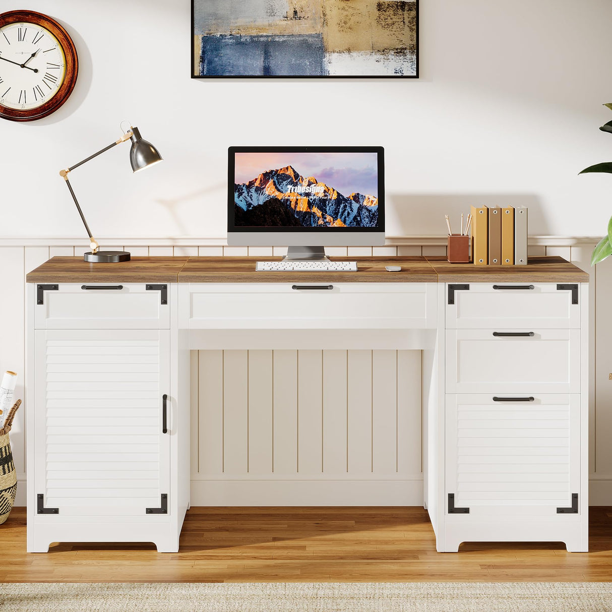 Tribesigns 59" Farmhouse Executive Desk, Computer Office Desk with File Drawers, Charging Station and Storage Cabinet, Wooden Rustic Writing Study Table for Home Office, White Tribesigns