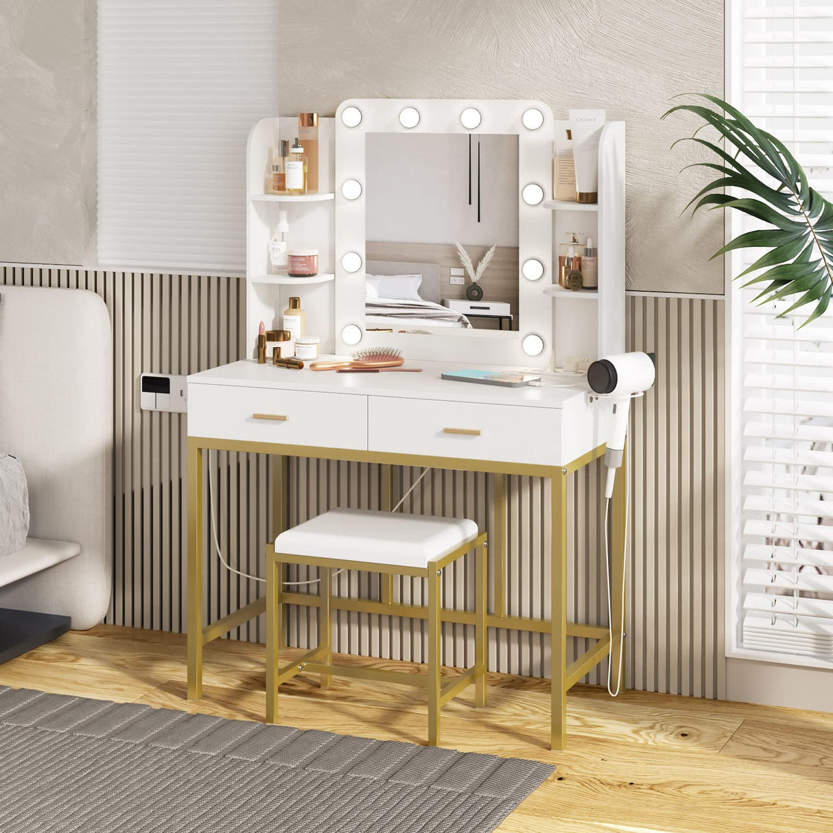 Vanity Desk with Mirror and 10 Led Lights, with Charging Station,Makeup Vanity Table Set with Lighted Mirror, with 3 Lighting Modes and 2 Drawers&Cushioned Stool for Bedroom Vabches