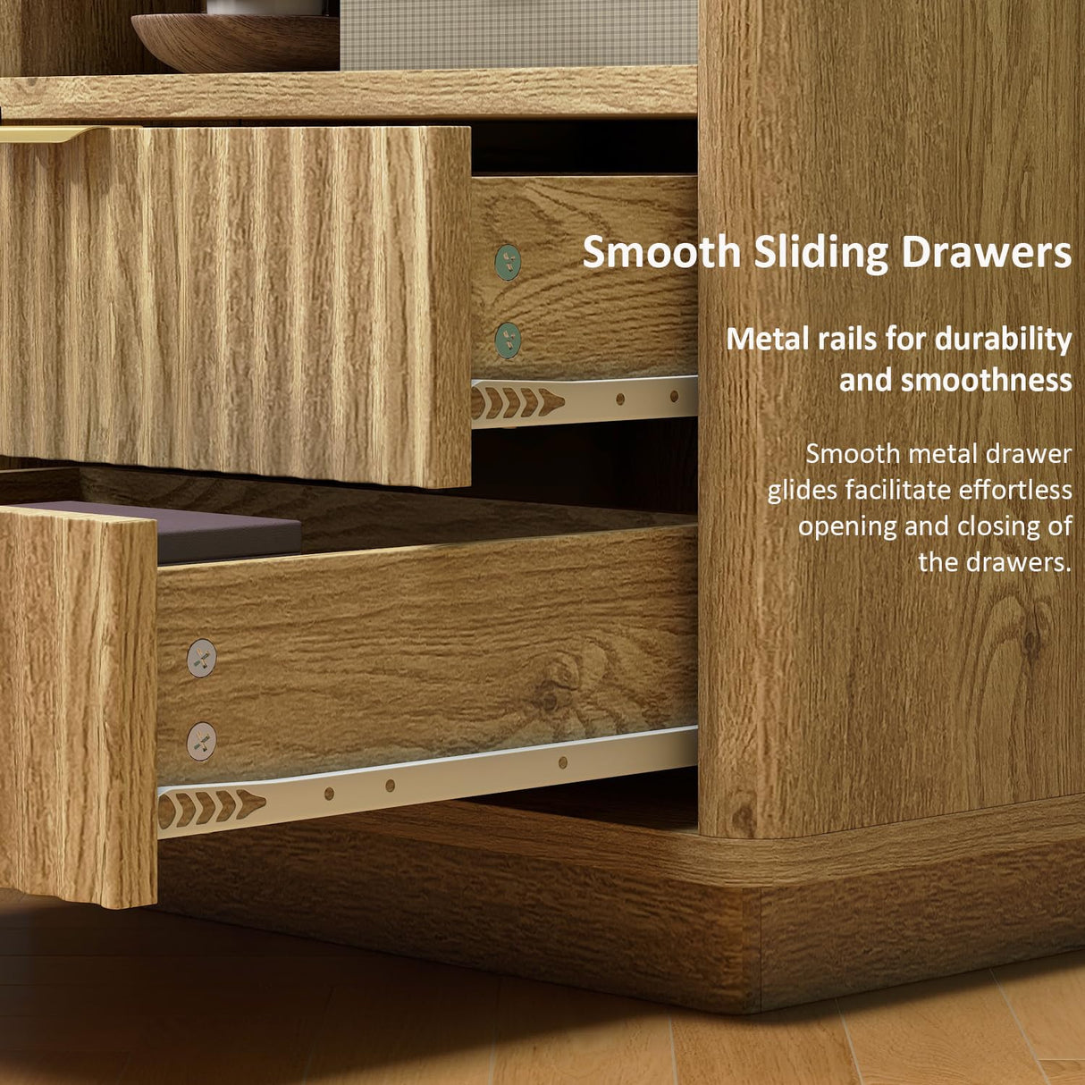 Fluted Nightstands Set of 2, Brown Night Stands with 2 Drawers and Open Shelves, Wooden Bedside Table Modern Design End Table for Bedroom Sofa Office (2, Natural Oak) ROCSUMOO