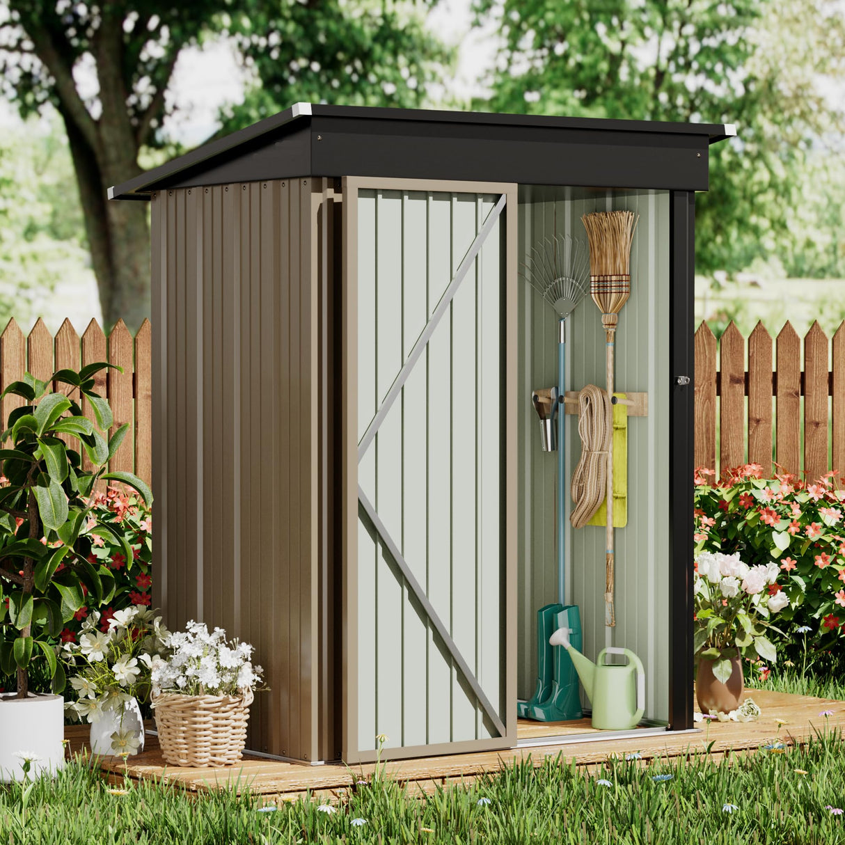 GUNJI 5 x 3 FT Shed Outdoor Storage Shed Metal Garden Shed with Lockable Door Outside Waterproof Tool Shed for Backyard, Patio, Lawn (Brown) GUNJI