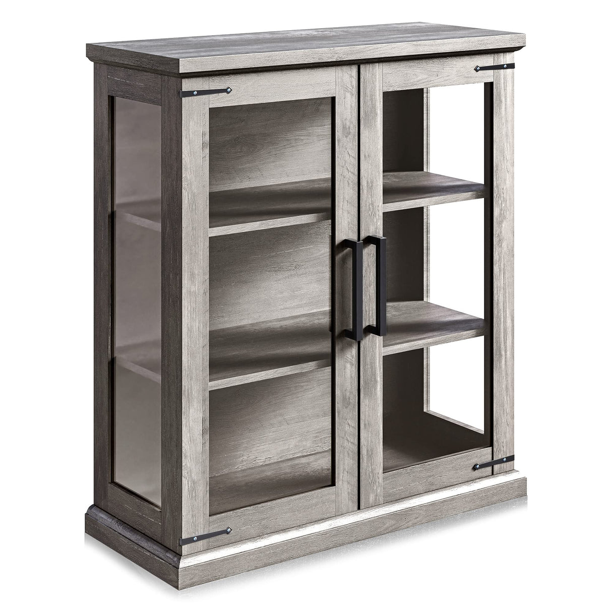 BELLEZE Storage Cabinet with Shelves and Glass Doors Glass Display Cabinet Pantry Cabinet Organizer 3 Tiers Curio Cabinet Hutch Cabinet for Entryway Living Room Hallway Kitchen - Ashford (Gray Wash) BELLEZE