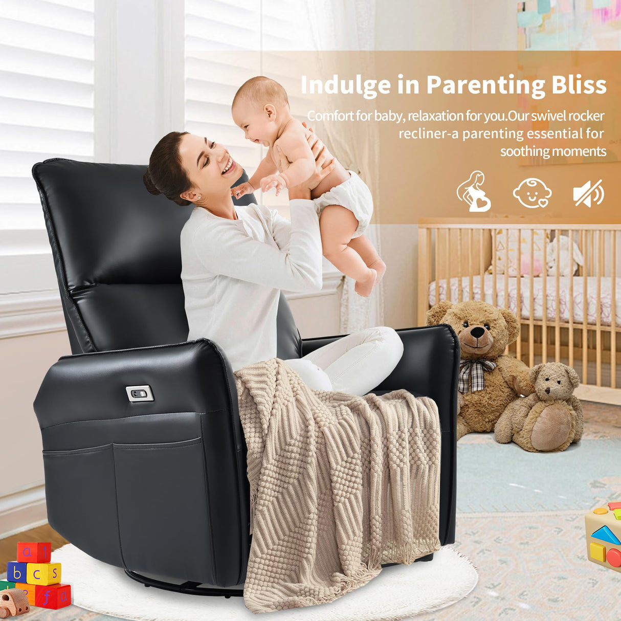 QicoFelix Power Swivel Rocker Recliner,Electric Glider Recliner Nursery Chair, Leather Electric Recliners with USB Ports for Living Room Bedroom (Black, Power) QicoFelix