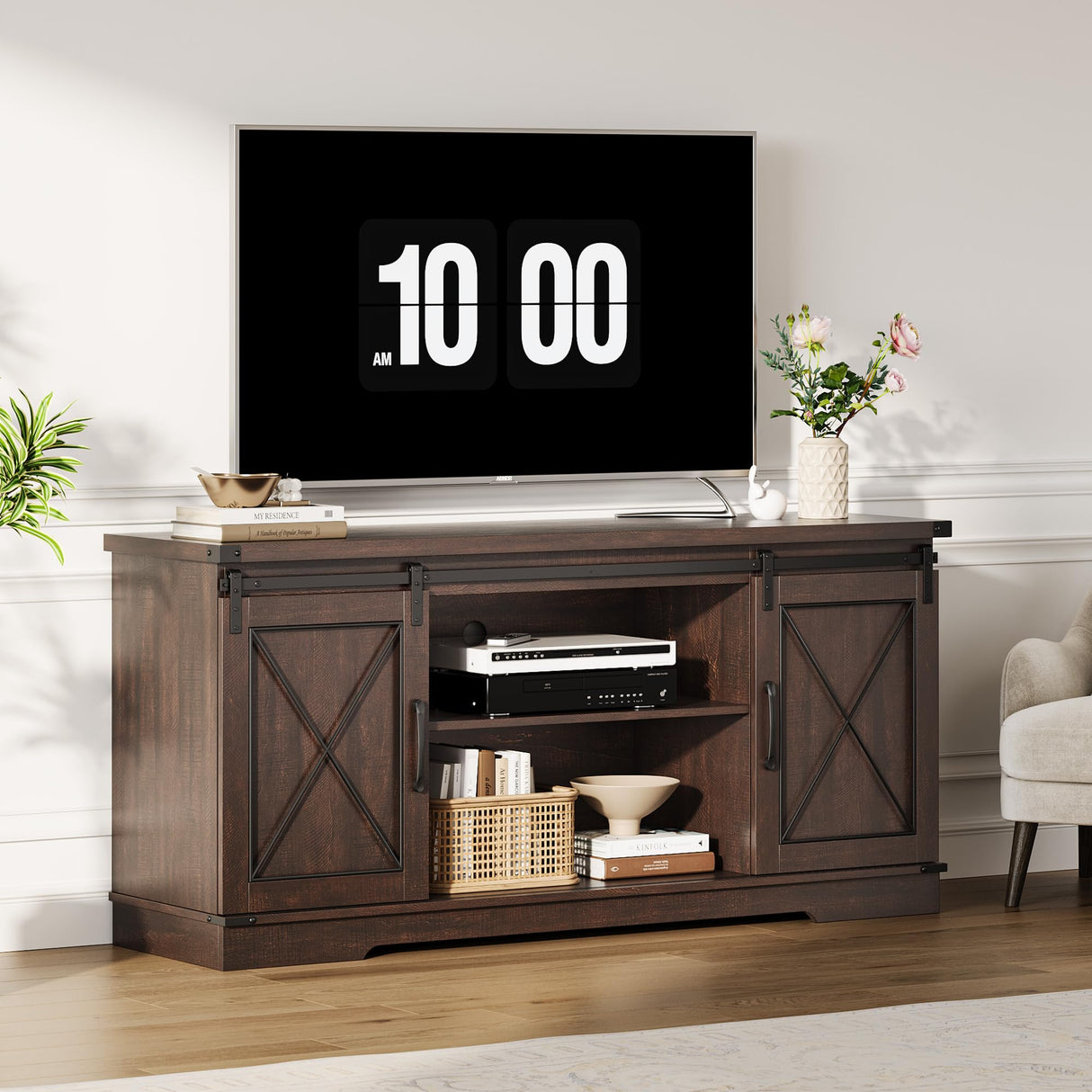 IDEALHOUSE Farmhouse TV Stand and Entertainment Center for TV Up to 65 Inches with Sliding Barn Doors and Adjustable Shelf, Tv Media Console Table with Storage Cabinet for Living Room, Bedroom, Brown IDEALHOUSE