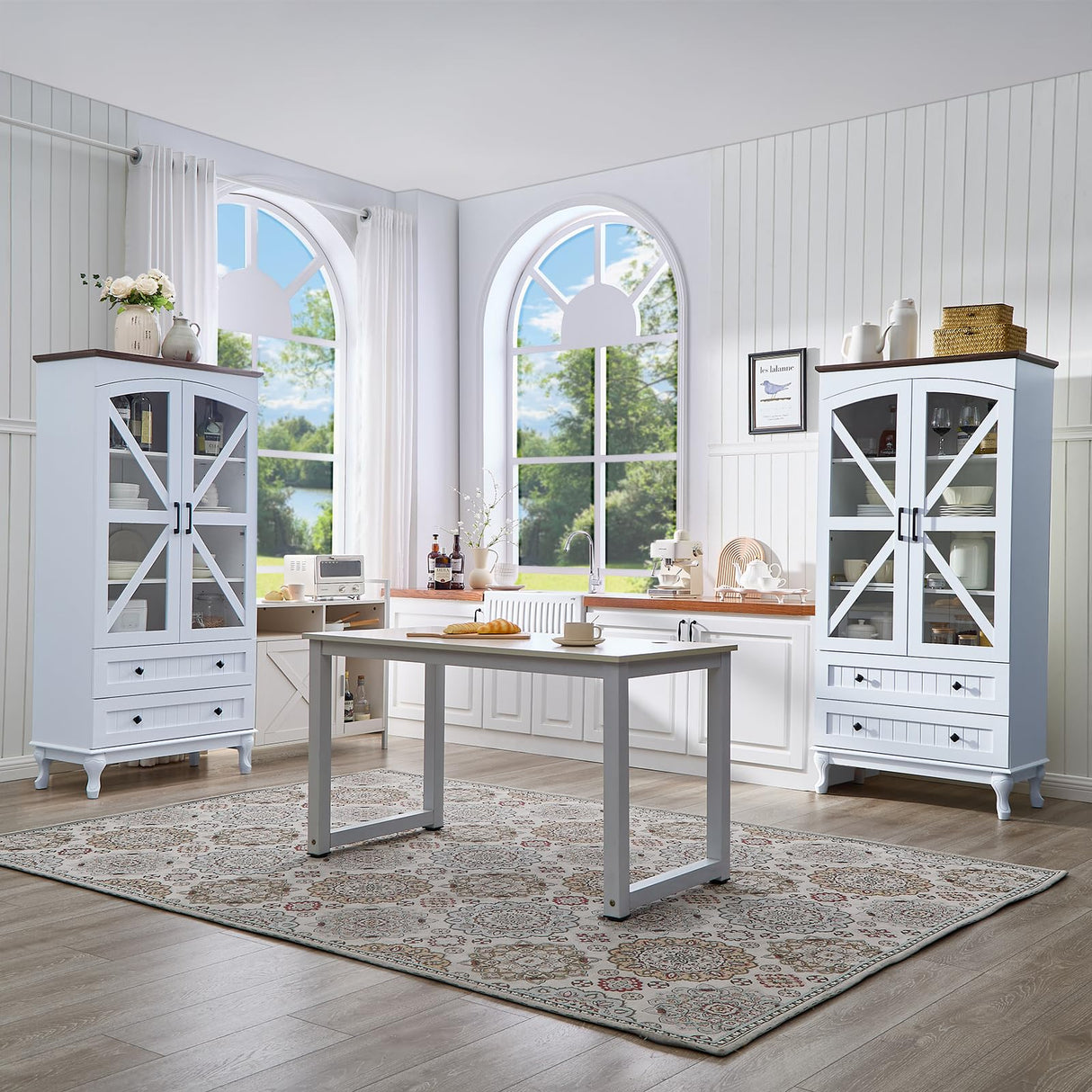 72" Tall Bookcase Set of 2 with Glass Doors, Farmhouse 3Tier Book Shelf with 2 Drawer, Arc Wood Bookshelf with Storage Cabinet, Freestanding Display Bookshelves, China Cabinet for Living Room, Office FFBCFDK