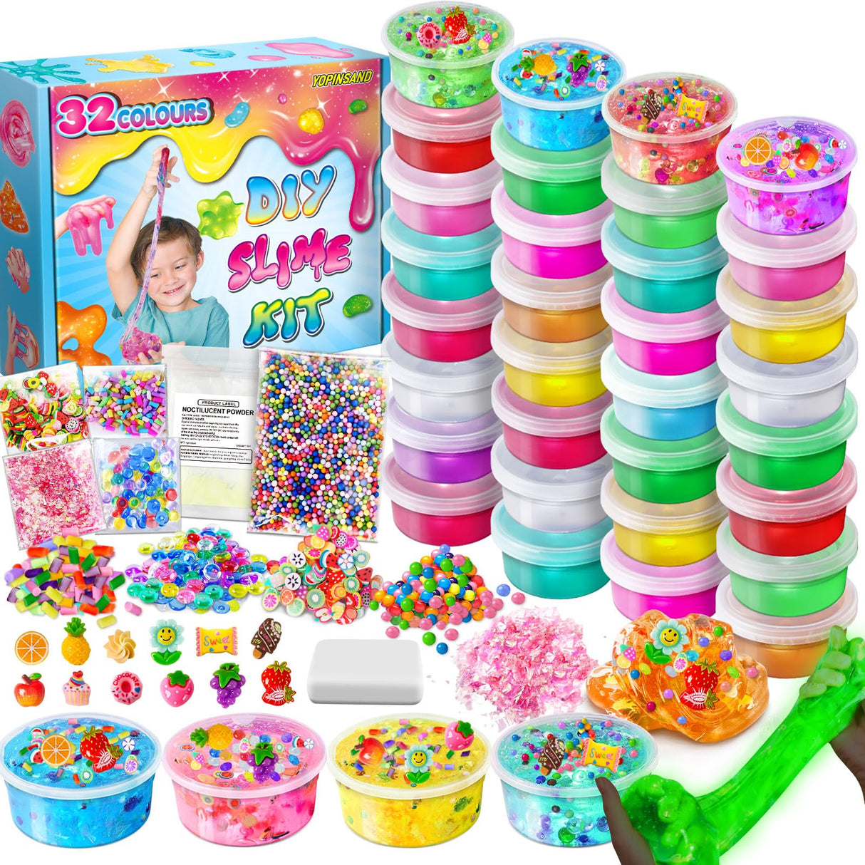 32 Cups DIY Slime Kit, Slime Making Kit for Girls, Crystal Clear Slime, Glow in The Dark Slime with Add-ins, Foam Balls, Charms, Slime Party Favors Gift Toys for Kids 3-12 YOPINSAND