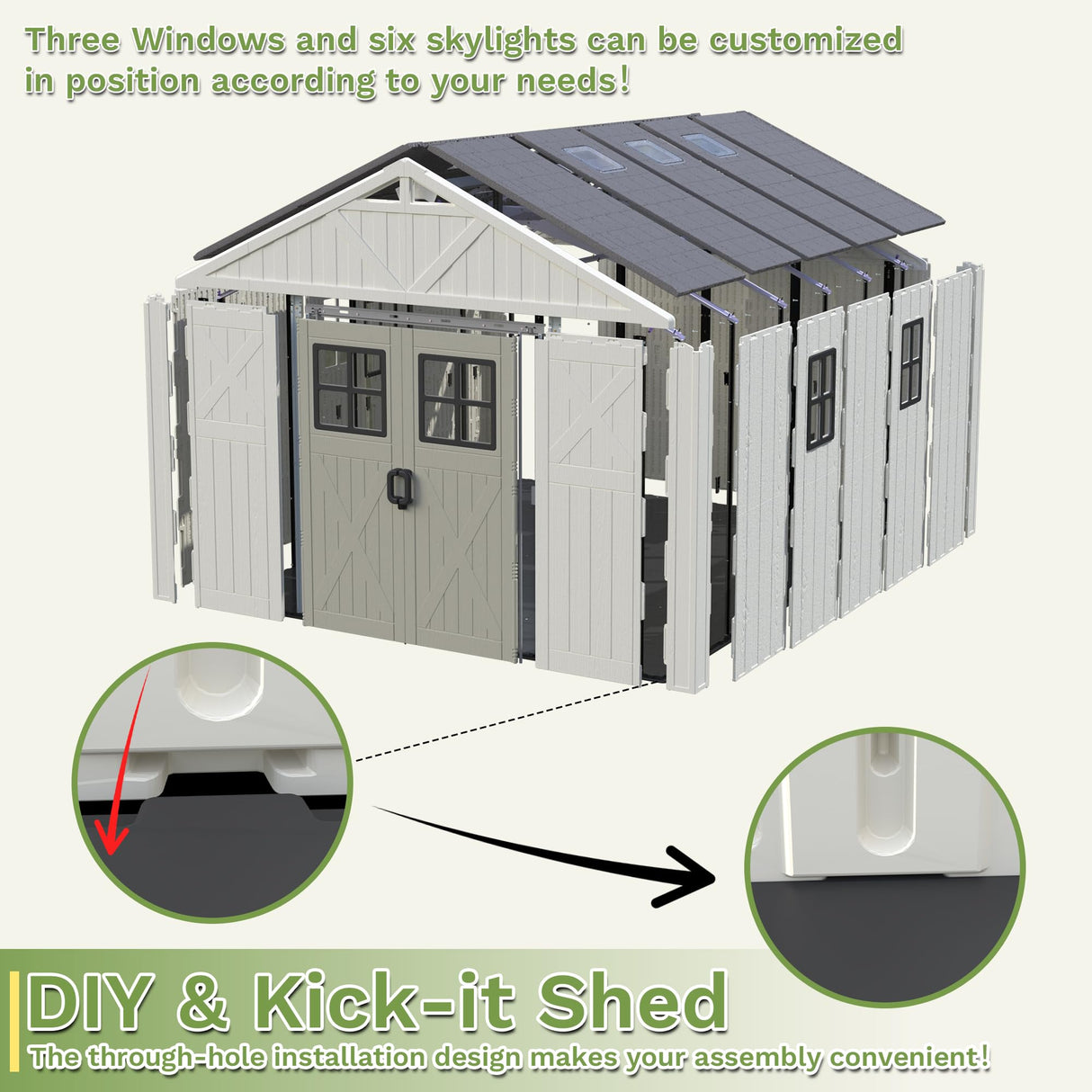 Greesum 10×12 FT Plastic Outdoor Storage Shed with Floor and Lockable Door, Resin Sheds with Windows and Skylights, Weather Resistant Organization for Garden, Lawn, Pool Supplies, Beige Greesum