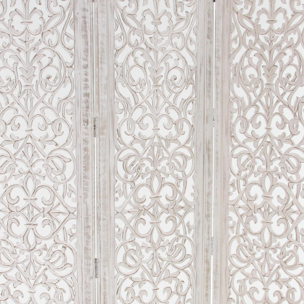 Deco 79 Wooden Floral Handmade Partition Room Divider Screen Hinged Foldable Partition 3 Panel Privacy Screen with Intricate Carved Design, Room Partition 60" x 1" x 69", White Deco 79