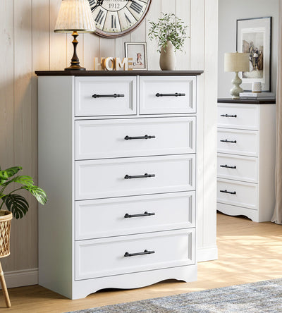 Farmhouse 6 Drawer Dresser, White Wood Chest of Drawers, 44" Tall Bedroom Storage Cabinet with Brushed Metal Handles, Closet Organizer for Bedroom, Living Room, Hallway