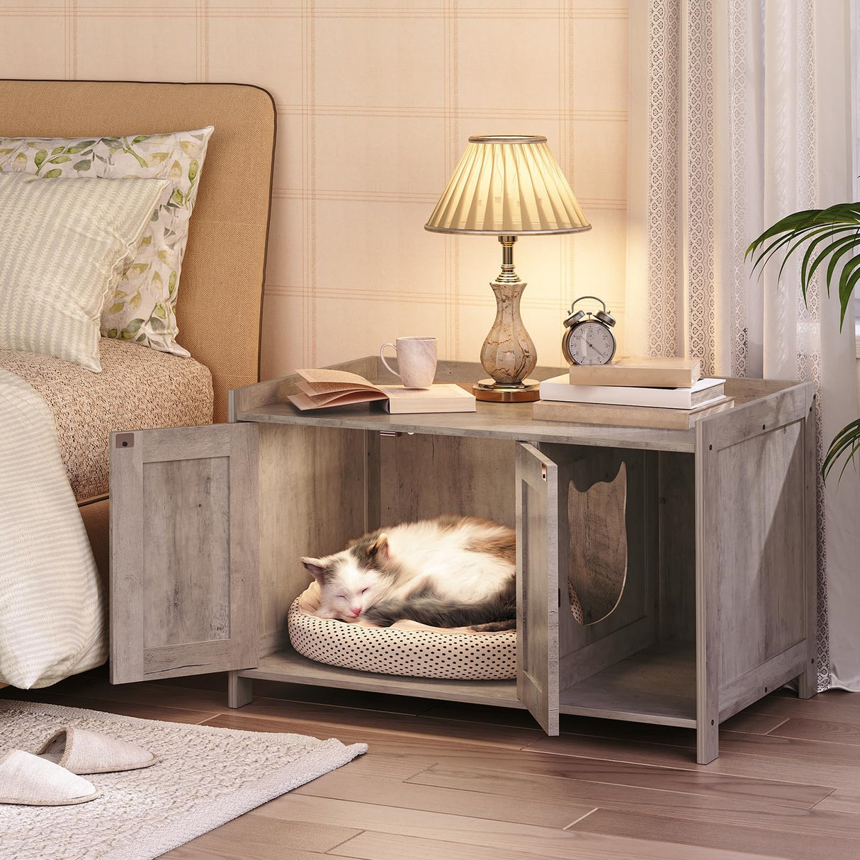 MAHANCRIS Cat Litter Box Enclosure, Hidden Litter Box Furniture with Divider, Wooden Cat Washroom Storage Cabinet Bench, Indoor Cat House as End Table, for Living Room, Bedroom, Greige CWHG2501Z MAHANCRIS