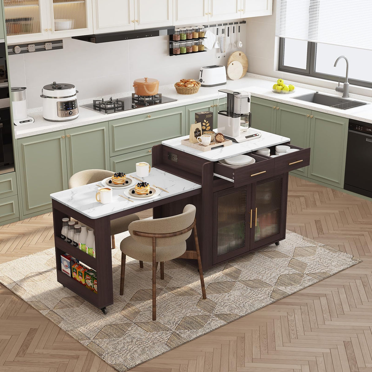 HLR Kitchen Island with Extendable Dining Table, Marble Grain Countertop Island with Power Outlet, Rolling Storage Cart on Wheels with Storage Cabinet and 2 Drawers, Prep Table for Kitchen HLR