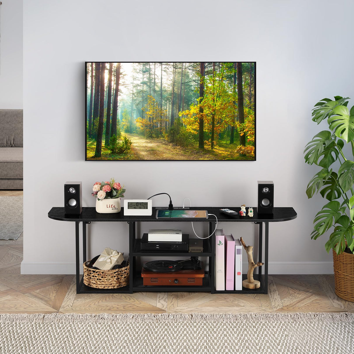 ETELI Floating TV Stand with Power Outlet Wall Mounted Under TV Shelf with Storage Floating Entertainment Center Media Console Table for Living Room Bedroom Office, Black ETELI
