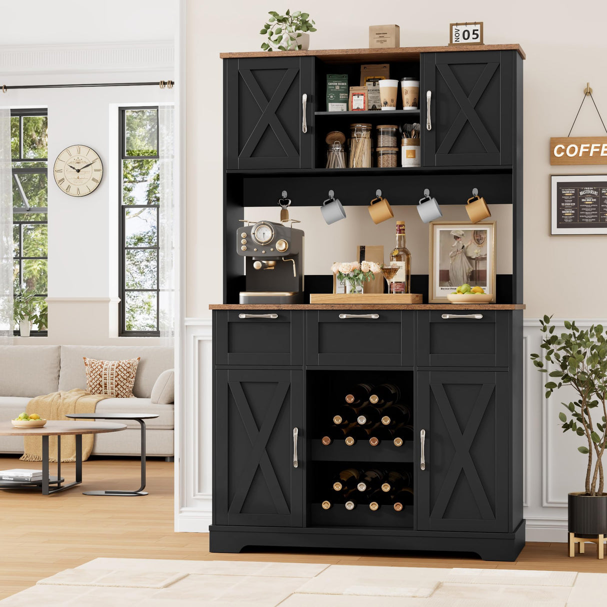 HIFIT 72" Large Kitchen Pantry Storage Cabinet with Barn Doors & Shelves, Farmhouse Tall Kitchen Hutch Wood Bar Cabinet w/3 Drawers, Microwave Stand, Cupboard Wine Rack for Dining Room, Pantry, Black HIFIT