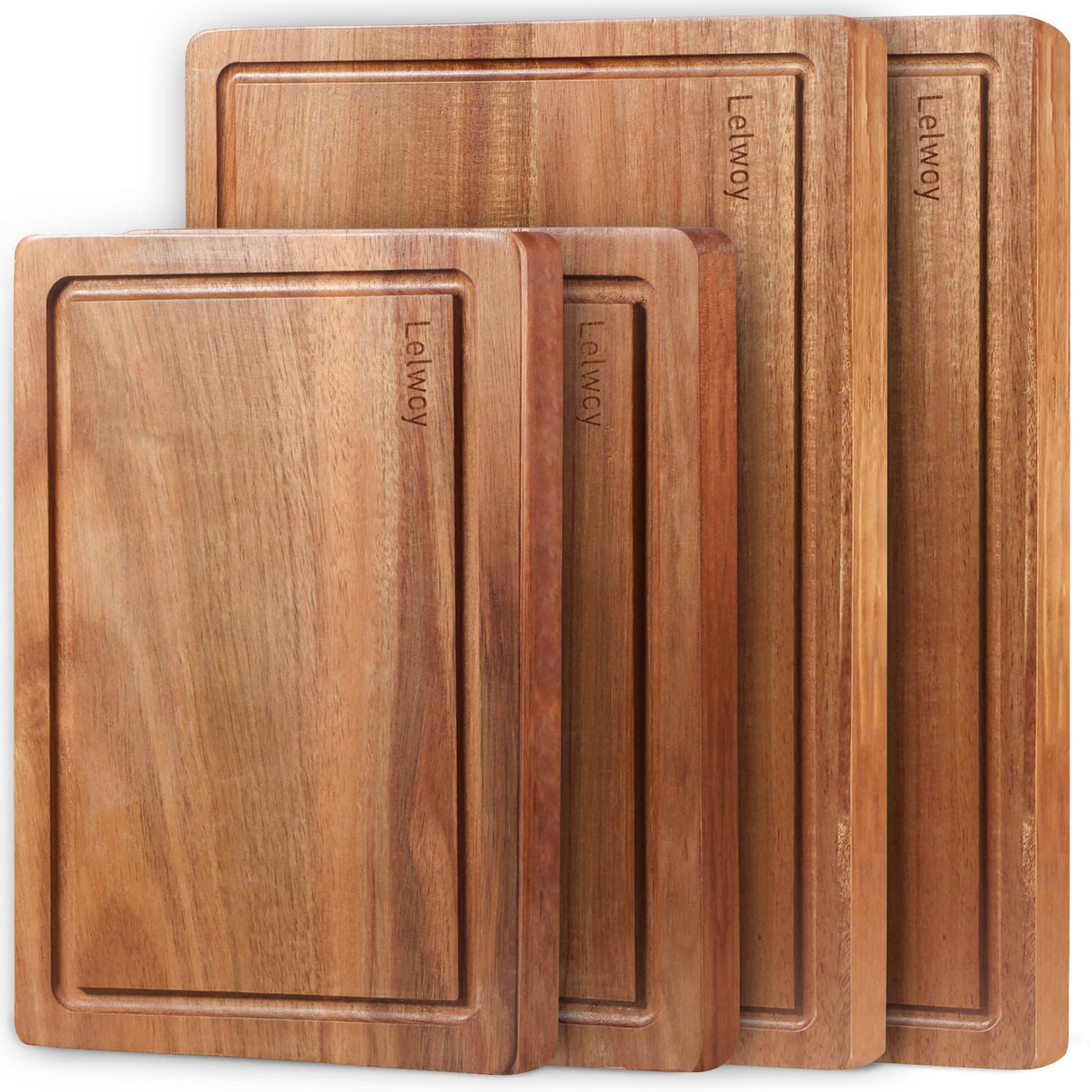 Wood Cutting Boards for Kitchen, Large Cutting Board Set of 4, Wooden Cutting Boards with Juice Grooves, Chopping Board for Meat, Veggies, Easy Grip Handle (double 17x12, 12x9, 12x8 inch) Lelwoy