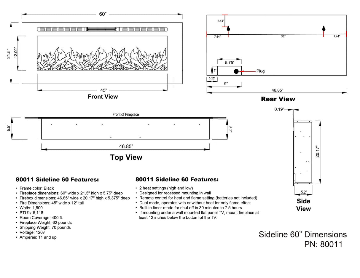 Touchstone Smart Electric Fireplace-The Sideline® 60 Inch Wide-in Wall Recessed-30 Realistic Ember Color/Flame Options-1500W Heater w/Thermostat-Black-Log & Crystal Hearth Options -Alexa/WiFi Enabled Touchstone