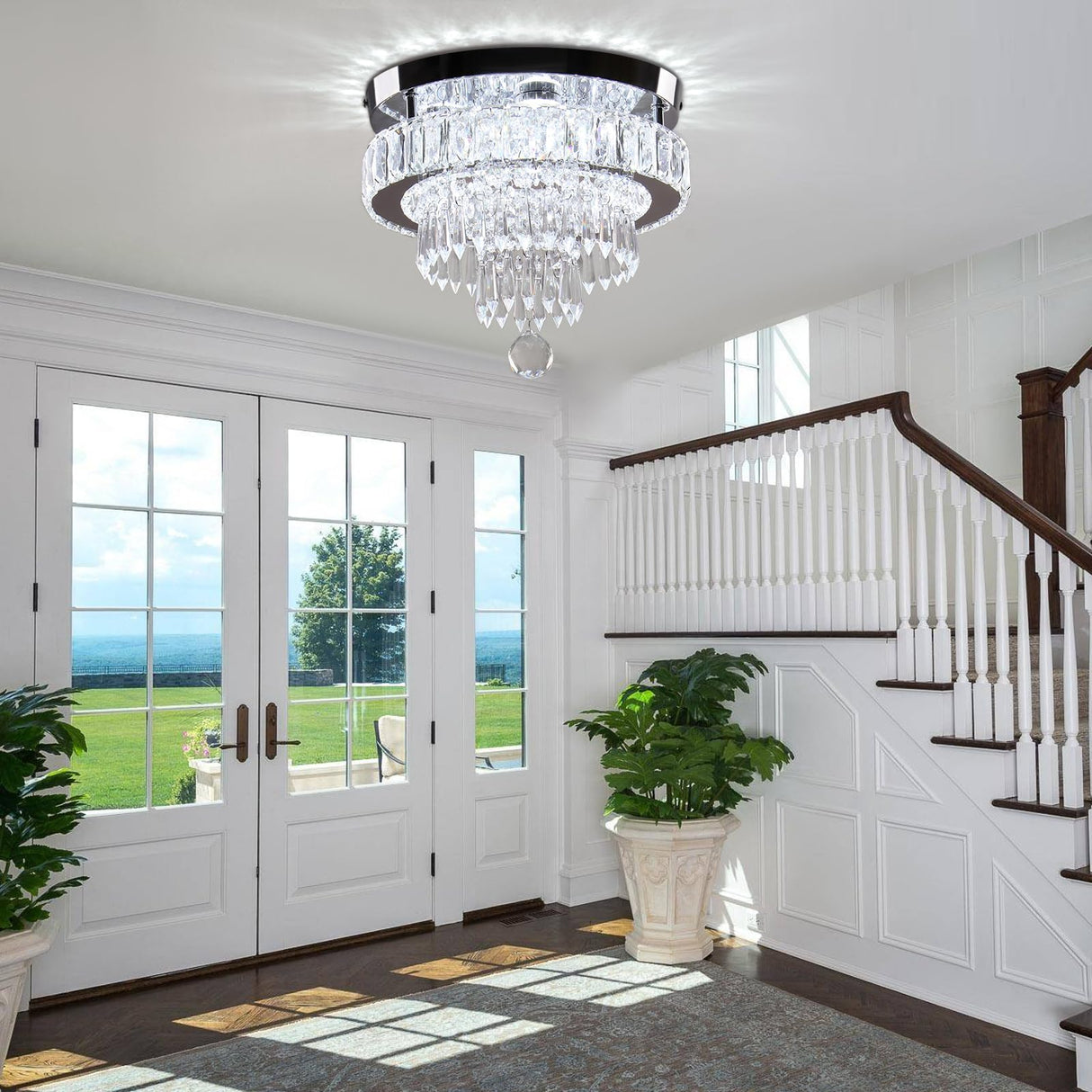 LEONTYNE 11.8 inch Crystal Chandeliers Modern Crystal Ceiling Light LED Chandeliers Semi Flush Mount Chandelier Light for Bedrooms Dining Living Room Hallway (6500K Cool White Light) LEONTYNE