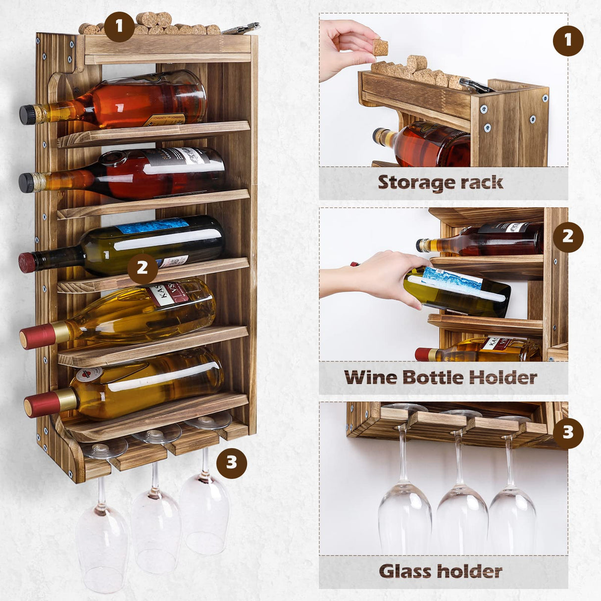 Homde Wine Rack Wall Mounted Wood,Wine Shelf with Bottle Stemware Glass Holder Rustic, Wine Display Storage Rack with Cork Holder for Home Bar Homde