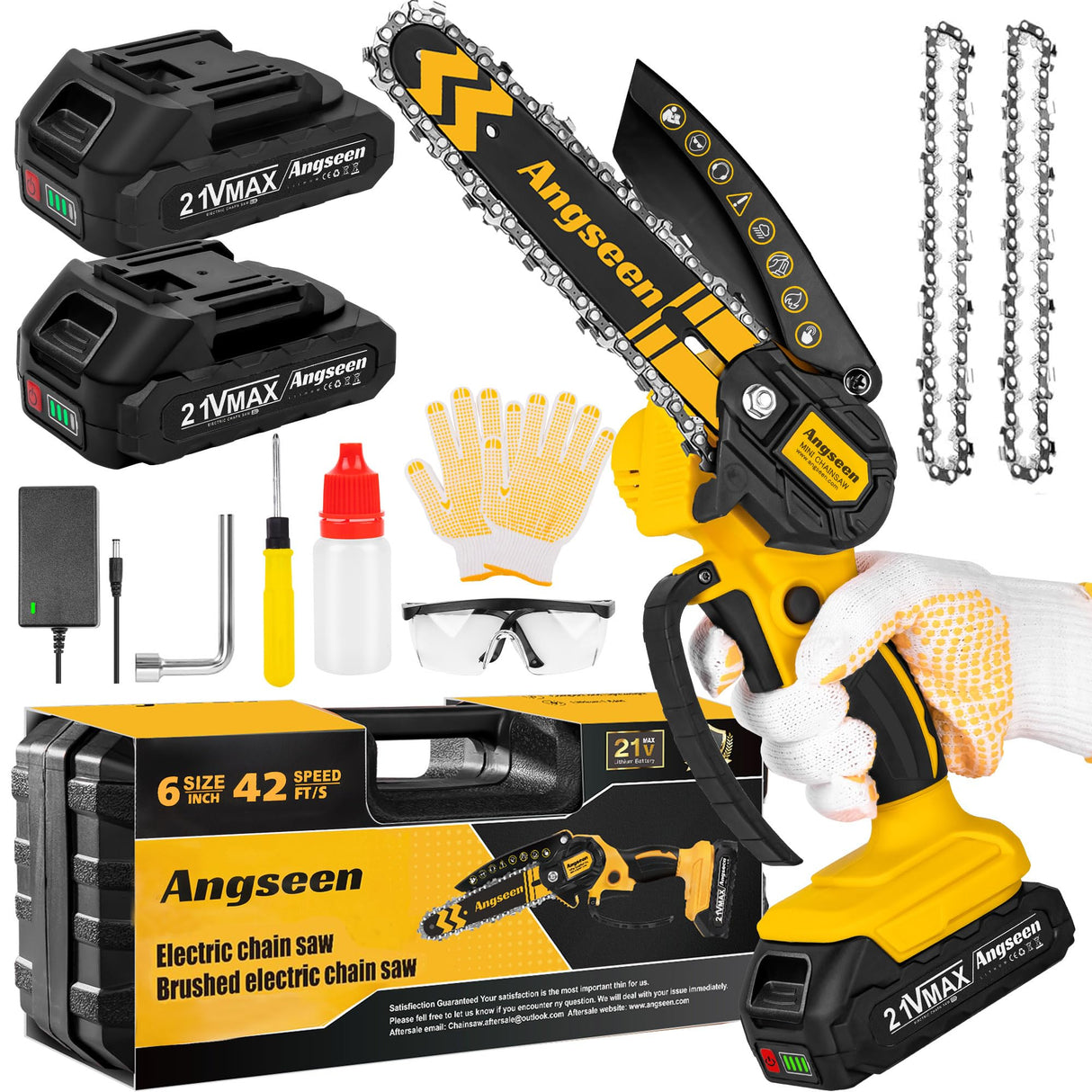 Mini Chainsaw Cordless 6 Inch, Chainsaw with 2 Batteries & 2 Chains, Lightweight Cordless Chain Saw with Safety Lock for Tree Trimming, Branches, Wood Cutting ANGSEEN