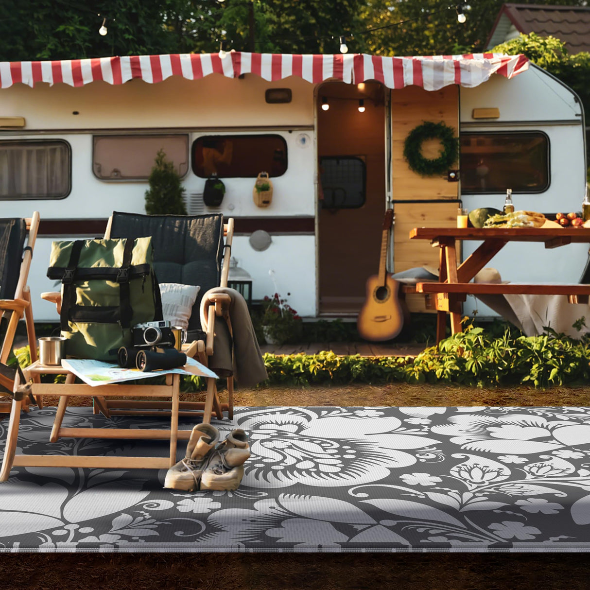 RV Outdoor Rug with Lights 5x8ft, Outdoor Camping Rug, Waterproof, Easy Cleaning, Non Shedding, Foldable and Portable, Reversible Mats for RV, Deck, Beach, Camping, Patio, Picnic (Grey & White) Pafolo
