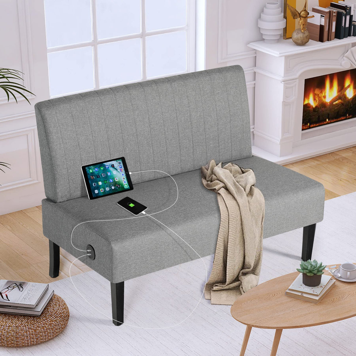 STHOUYN Mini Small Comfy Couch Armless Loveseat Sofa for Bedroom with USB Port, Velvet Small Couches for Small Spaces Living Room, Apartment Office Dorm (Grey) STHOUYN