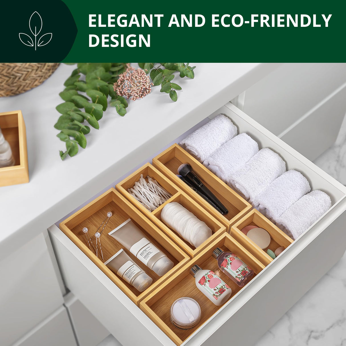 ROYAL CRAFT WOOD 5-Piece Bamboo Drawer Organizer Set โ Multi-Use Storage Trays for Kitchen, Bathroom, Office, Makeup, Jewelry & More โ Junk Drawer Tray, Utensil Holder, Storage Box & Bin Set (5 Boxes) ROYAL CRAFT WOOD