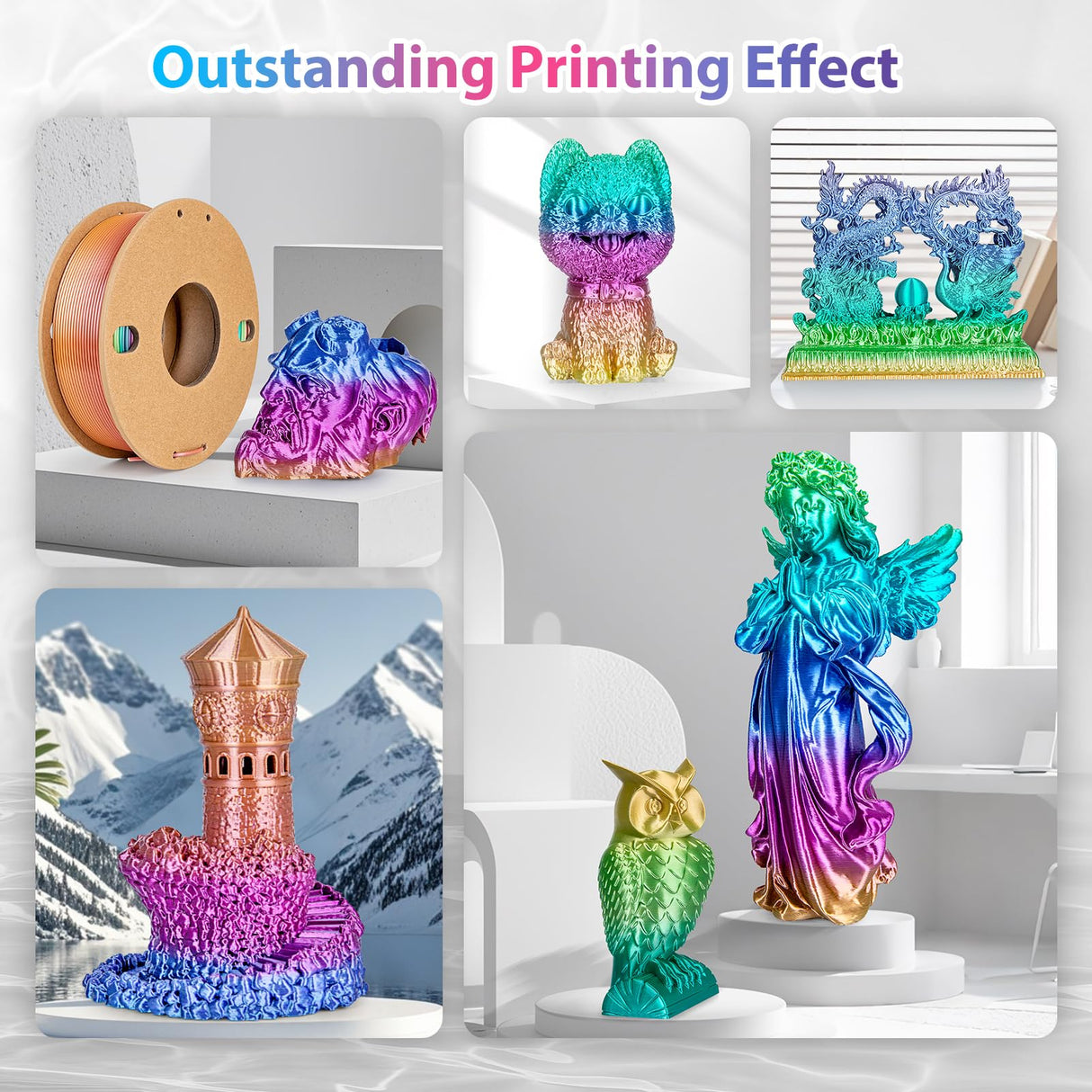 3Dgenius Silk Rainbow PLA Filament 1.75mm Silk PLA 3D Printer Filament Shiny Fast Color Changing Gradient Filament Fit Most FDM Printers, 250g Spool(0.55lbs), Candy Series 3Dgenius