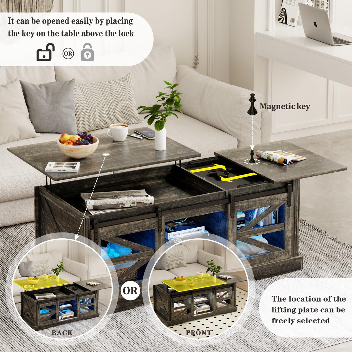 Lift Top Coffee Table with Gun Cabinet, 2 Sliding Barn Doors-Large Storage and 3 Color LED Lights fit Modern Rectangular Rustic Living Room Center Table(Dark Oak) HWB