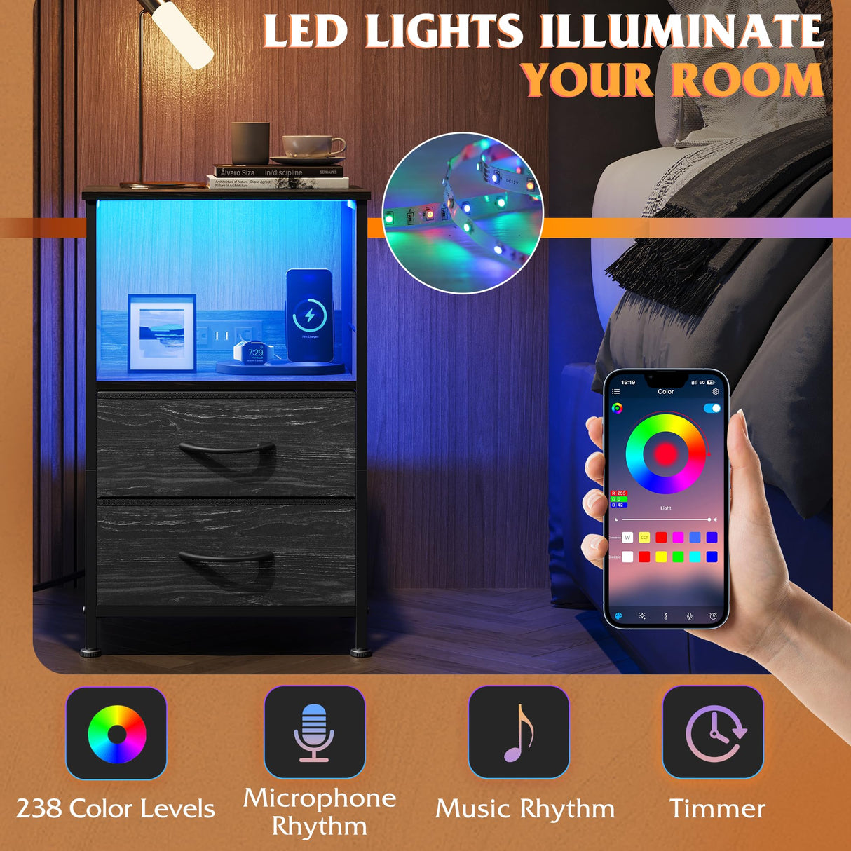 WLIVE Night Stand with Charger Station, LED Nightstand for Bedroom, Small Dresser with 2 Fabric Drawers for Small Spaces, Bed Side Table, Charcoal Black and Wood Grain Print WLIVE