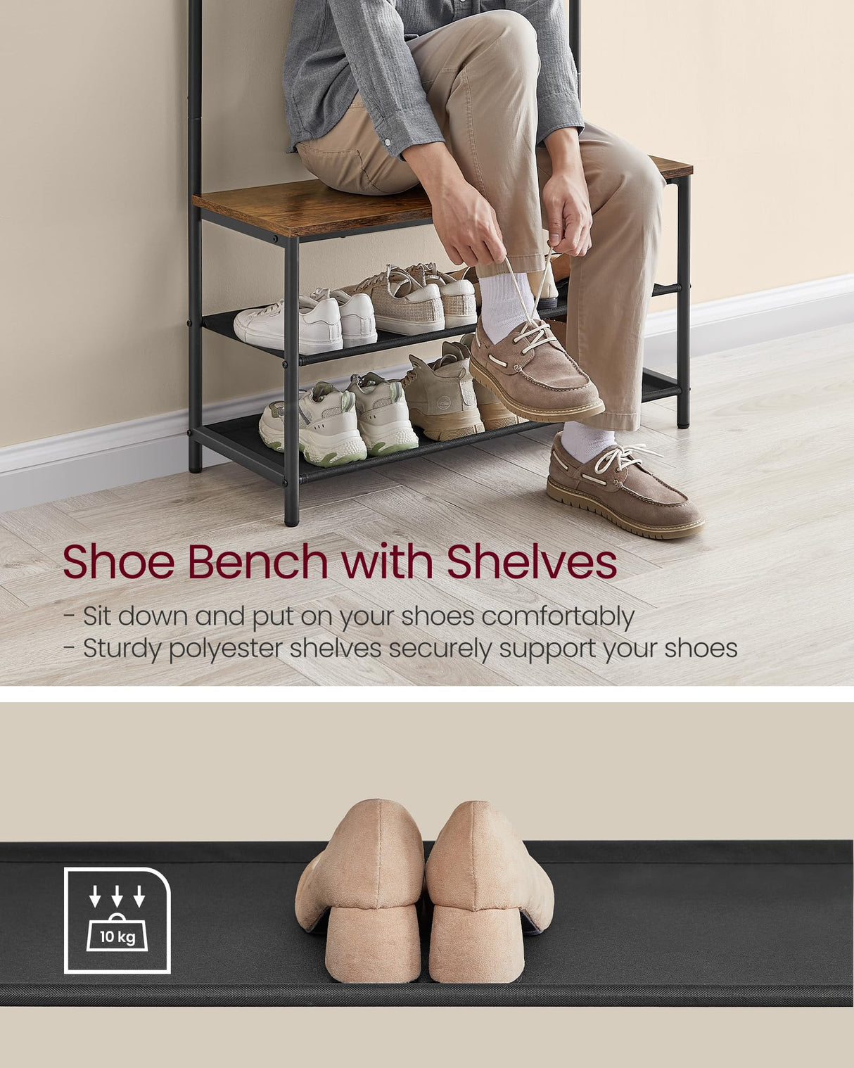 VASAGLE Hall Tree with Bench and Shoe Storage, Entryway Bench with Coat Rack Stand and Shoe Rack, 9 Movable Hooks, Top Bar, Fabric Shelves, Industrial, Rustic Brown and Black UHSR421B01 VASAGLE