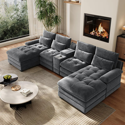 OUYESSIR 134" U Shaped Sectional Cloud Couch,Tufted Couch with Chaise Lounge,Fluffy Grey Sectional Couches for Living Room,Comfy Chenille Modular Sofa with Central Console & USB Port