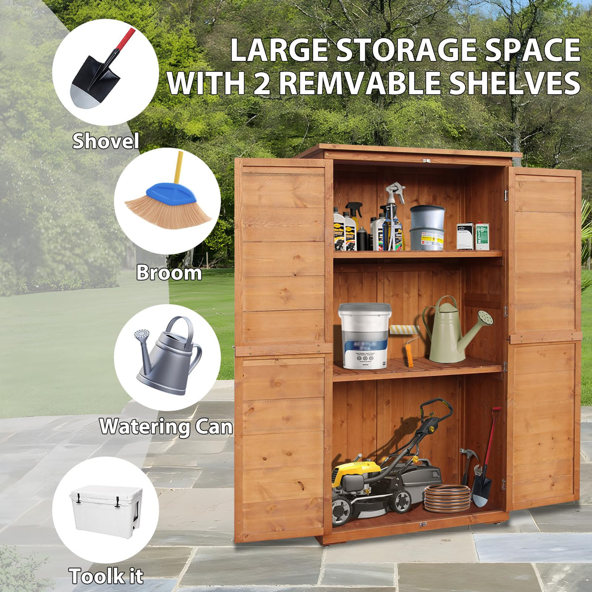 YTGLEN Outdoor Storage Cabinet, Wood Garden Shed, Pool Storage Shed with Lockable Door, Waterproof Roof and 2 Removable Shelves, Vertical Outside Storage Shed for Patio, Backyard and Lawn, Oak Brown YTGLEN
