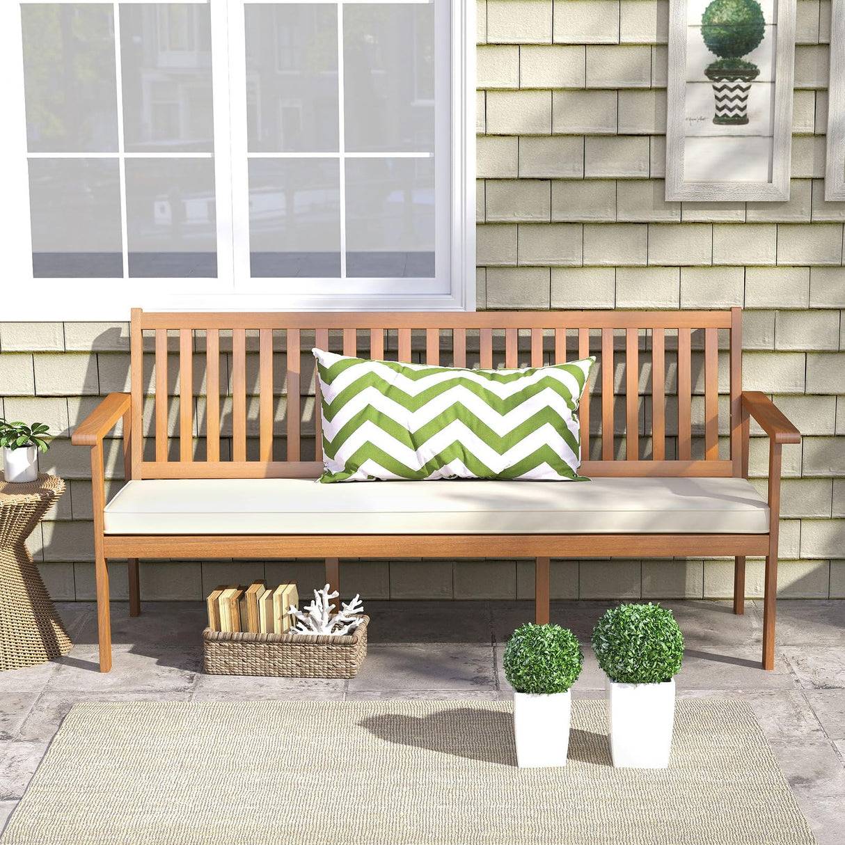 RELAX4LIFE 64’’ Outdoor Bench Acacia Wood - 3-Person Patio Bench w/Slatted Backrest, Armrests & Removable Seat Cushion, Wooden Front Porch Garden Bench for Poolside Balcony Backyard, 1200 LBS Capacity RELAX4LIFE