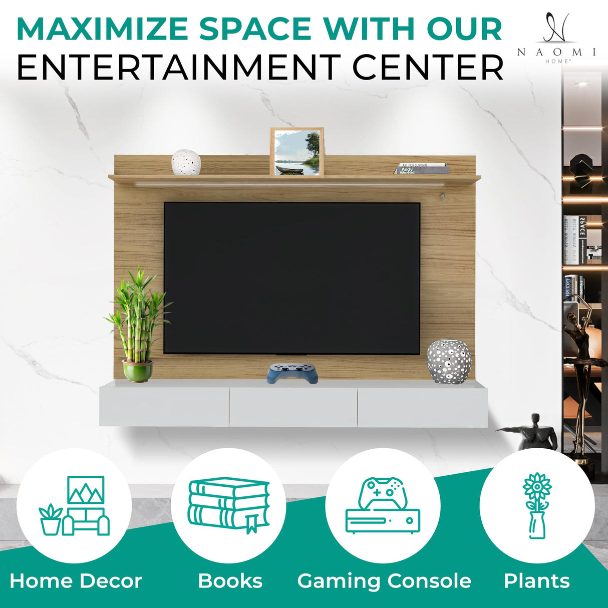 Modern Freestanding Floating Entertainment Center Floating TV Stand Wall Mounted TV Wall Panel for 75 inch TVs Home Theater with LED Strip Pull - Out Drawers and Overhead Shelf Natural Naomi Home