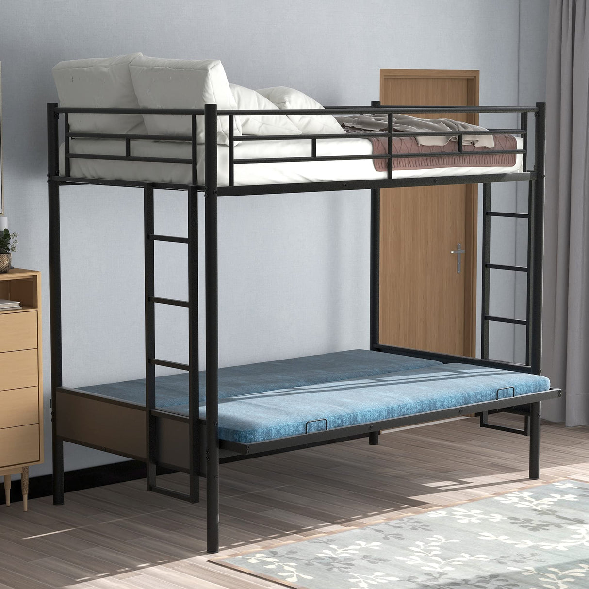 SOFTSEA Twin Over Full Metal Bunk Bed Industrial Style Twin Over Futon Bunk Bed for Kids (Futon Bunk) SOFTSEA