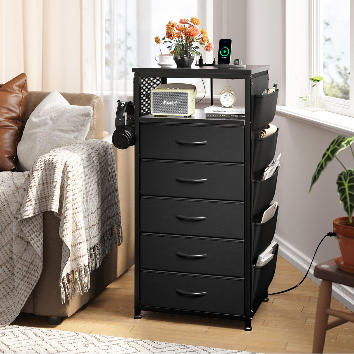 EnHomee Nightstand with Charging Station, Tall Night Stand with 5 Dresser Drawers, LED Nightstands with USB Ports & Outlets, Black Night Stand with Side Bag, Night Stands with Storage Shelf, Bedroom EnHomee