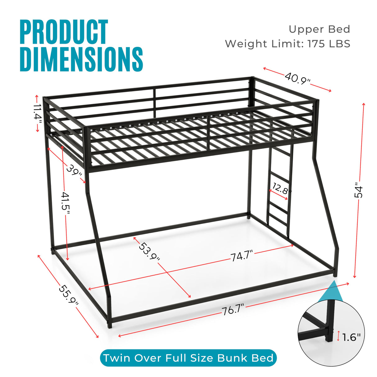 Furniture of America Dravenor Modern Metal Twin Over Full Low Profile Bunk Bed with Reversible Ladder and Twnty-Two Slats, No Box Spring Required, for Kids, Bedroom, Dorm, Black Furniture of America