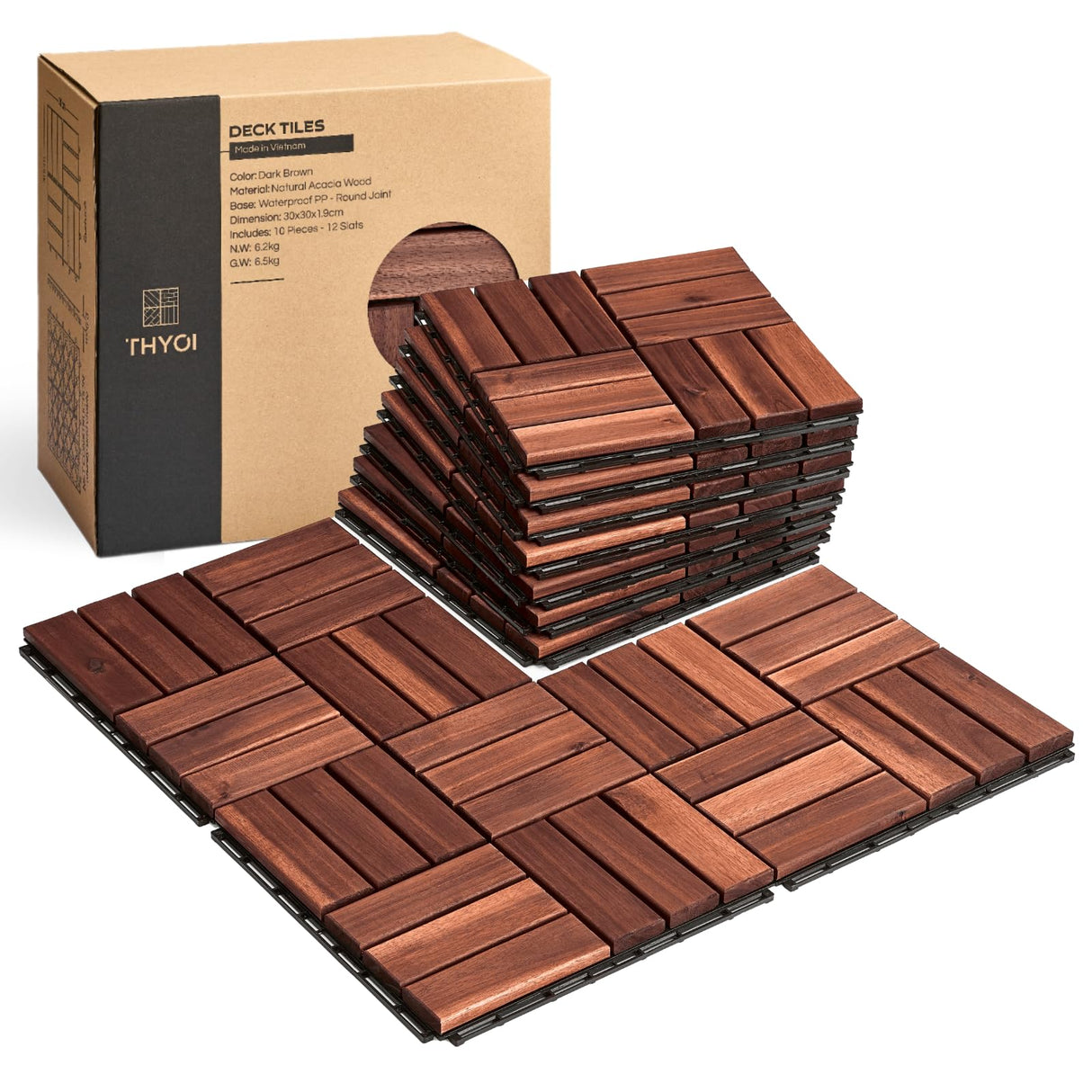 THYOI Deck Tiles, Patio Flooring - Outdoor Waterproof Acacia Wood Tiles for All Weather Use - Balcony, Backyard, Indoor & Outdoor (Dark Brown Crossed Pattern, 10 Pcs - 10 Square Ft) THYOI