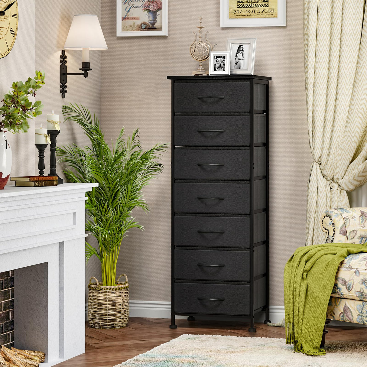 Fixwal Black Tall Dresser for Bedroom, Storage Dresser Organizer with 7 Fabric Drawers, Nightstand Furniture in Closet, Entryway, Hallway Fixwal